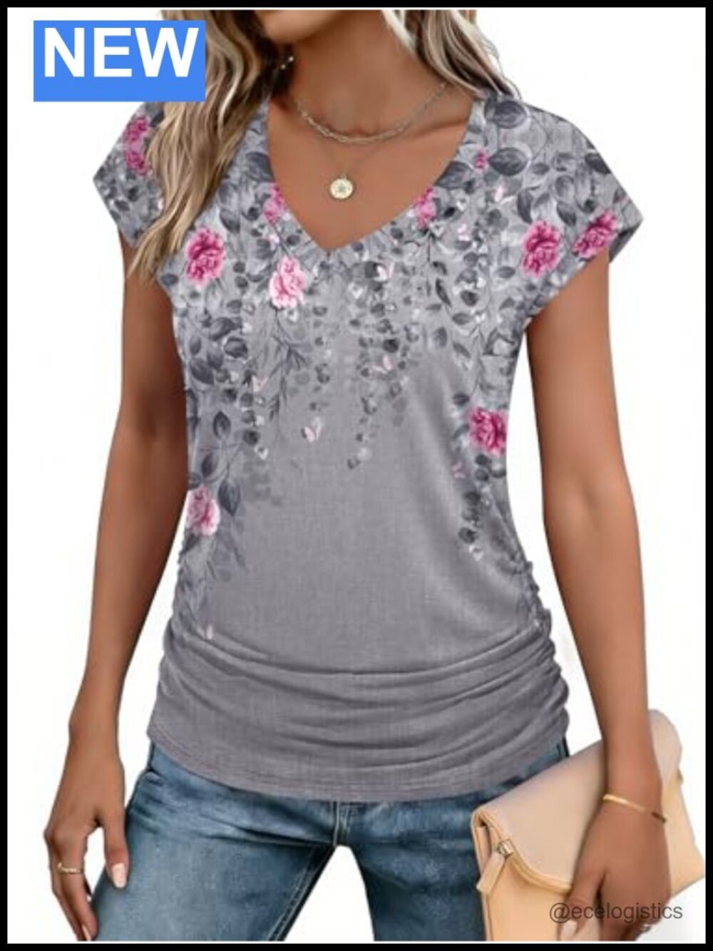 Ruched V-Neck Cap Sleeve Tunics - Trendy Fashion Blouse